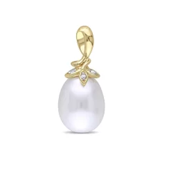 PENDENTIF PERLE D'EAU DOUCE SUR CAPUCHON FLORALE À DIAMANTS EN OR 10K JAUNE