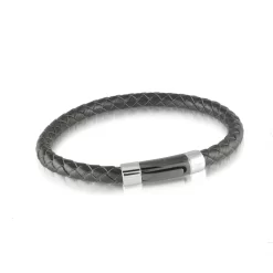 BRACELET CUIR NOIR FERMOIR ACIER INOXYDABLE