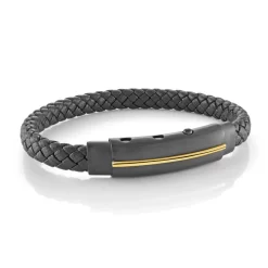 BRACELET CUIR TRESSÉ FERMOIR FANTAISIE ACIER IP NOIR MAT LIGNE PLJ AJUSTABLE