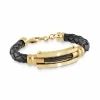 BRACELET CUIR NOIR CENTRE CABLE IP GUNMETAL ET PL JAUNE