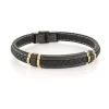 BRACELET CUIR COUTURES BLANCHES SECTION RIGIDE ACIER IONISÉ NOIR ET DORÉ