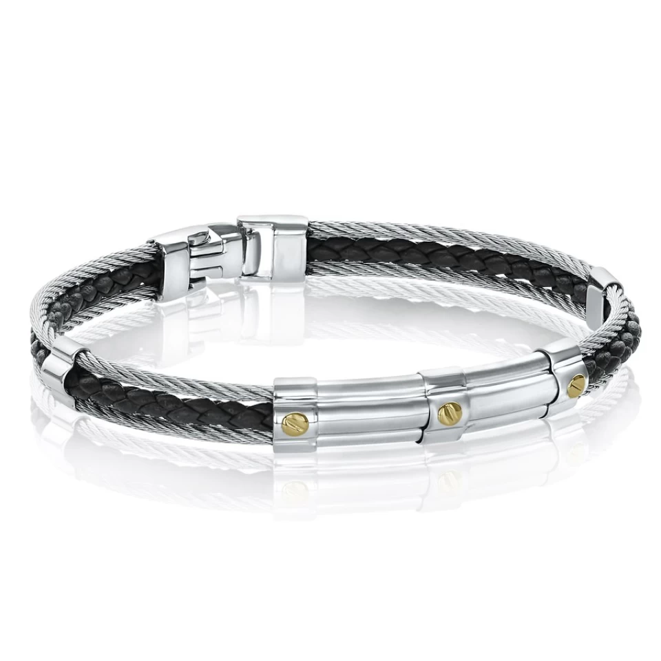 BRACELET ACIER 3 CÂBLES CENTRE IONISÉ NOIR CENTRE 3 ÉLÉMENTS 18K JAUNE 1 BRACELET ACIER 3 CÂBLES CENTRE IONISÉ NOIR CENTRE 3 ÉLÉMENTS 18K JAUNE