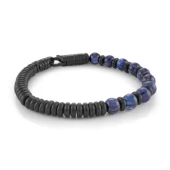 BRACELET BILLES BLEUES ET ÉLÉMENTS SS IONISÉ NOIR SATIN