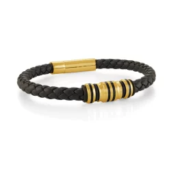 BRACELET CUIR TRESSÉ NOIR 3 ÉLÉMENTS ACIER IP JAUNE ET NOIR