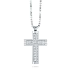 COLLIER ET PENDENTIF CROIX EN ACIER INOXYDABLE ET CZ