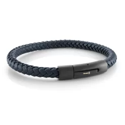 BRACELET CUIR TRESSÉ BLEU MARIN FERMOIR ACIER IONISÉ NOIR 8"