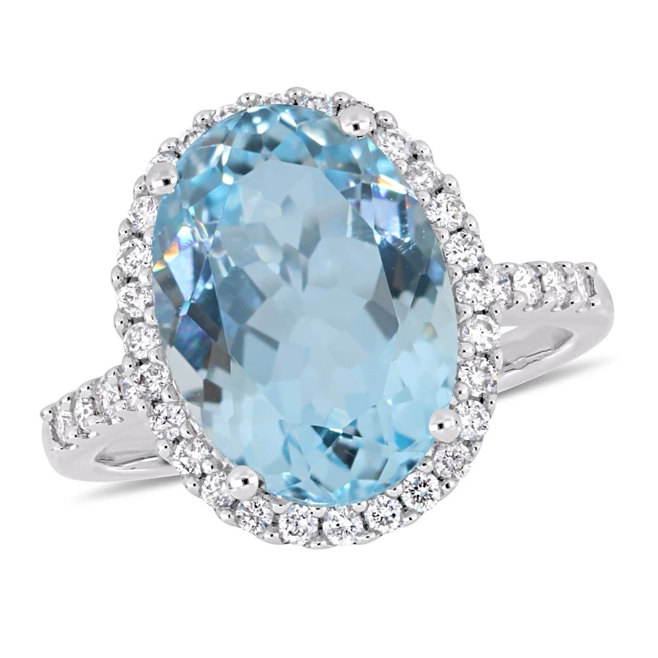 BAGUE TOPAZE BLEU OVALE 7.25CT & DIAMANTS EN OR 14K BLANC