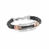 BRACELET CUIR NOIR CENTRE CABLE IP GUNMETAL ET PL ROSE