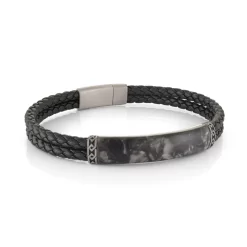 BRACELET CUIR NOIR 2 RANGS ET ACIER DESSUS PIERRE MARBRE